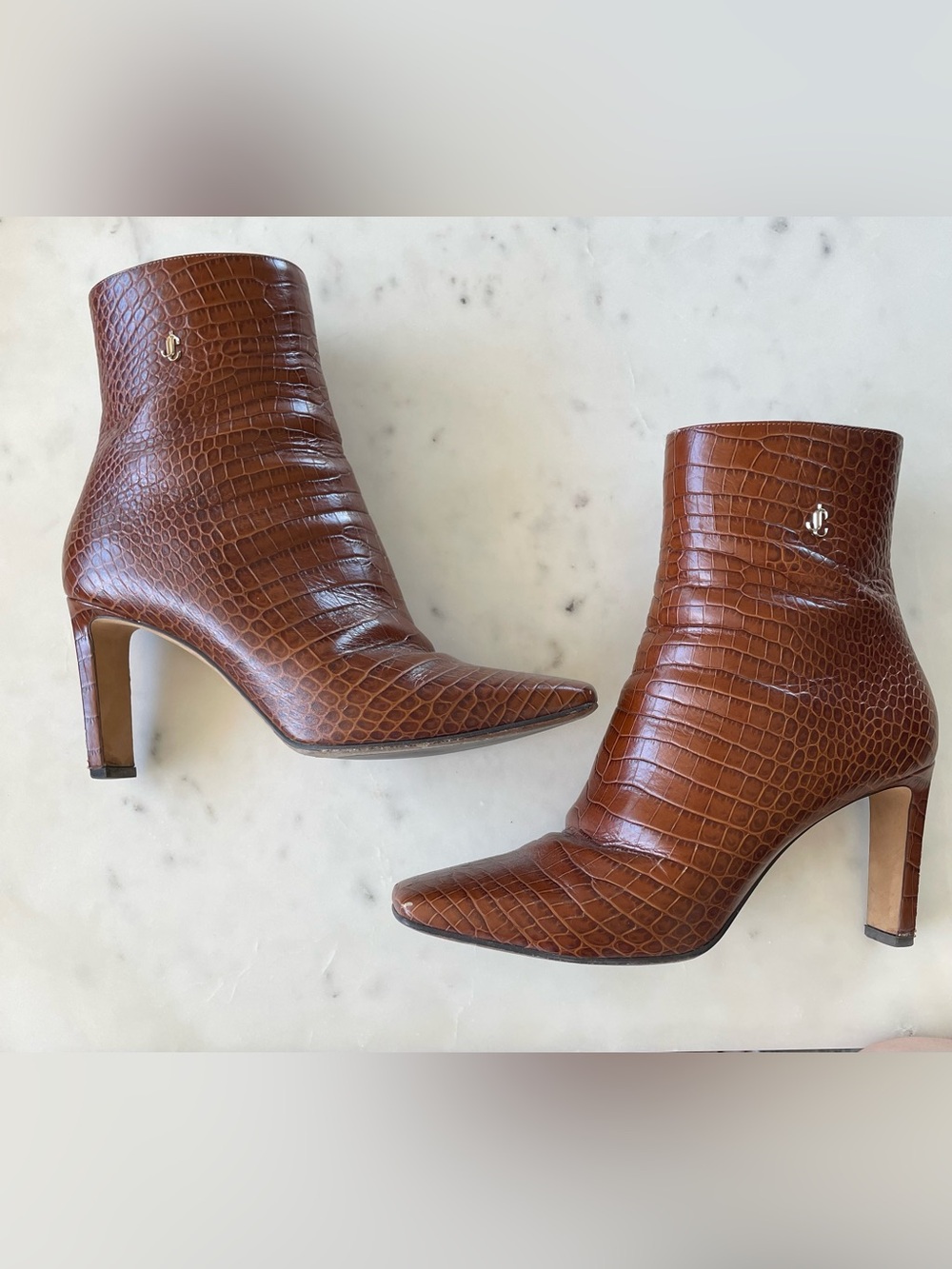 Jimmy Choo Cinnamon Croc-Embossed Square Toe Ankle Boots